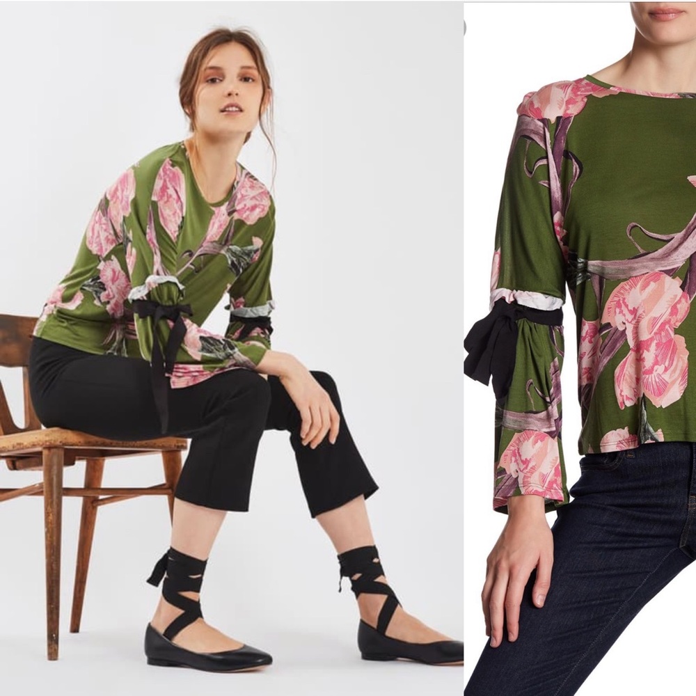 Topshop Green floral Tie sleeve top blouse shirt 6